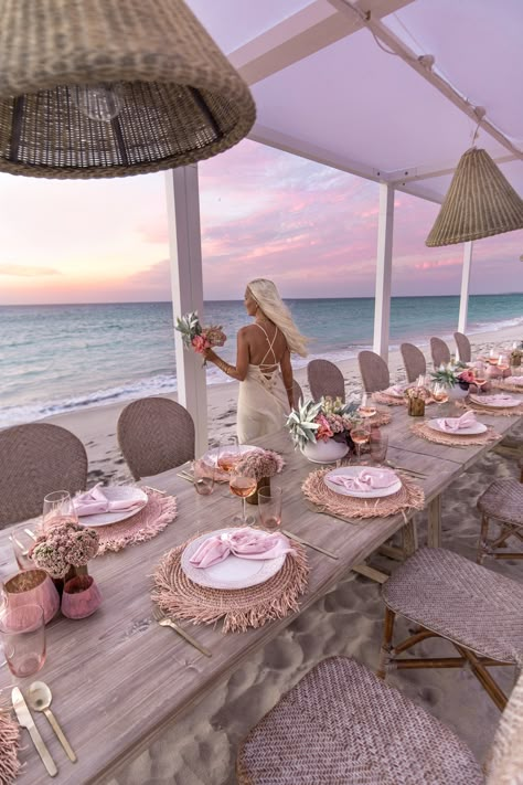 Pink Wedding Theme Beach, Pink Beach Wedding, Wedding Area, Beach Wedding Pink, Light Pink Wedding, Dream Beach Wedding, Beach Dinner, Destination Bride, Thailand Wedding