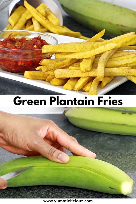 How to make green plantain fries. This green plantain fries recipe is crispy and delicious! Green Plantains Recipes, Plantain Appetizers, Brazil Recipes, Green Plantain Recipes, Plantains Recipes, Plantain Fries, Panamanian Food, Caribbean Dishes, Guyanese Recipes