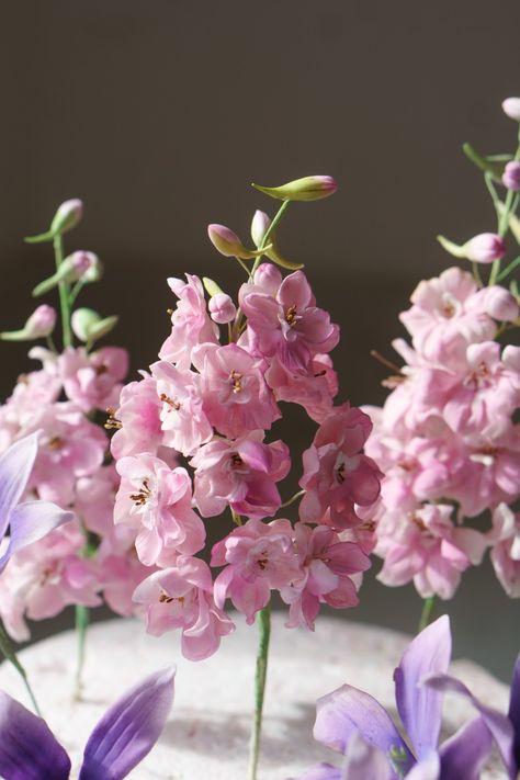 Delicately handcrafted pink gumpaste delphinium. #workshops #cakedecorating #flowerclasses Delphiniums Aesthetic, Pink Delphinium, Delphinium Flower, Sugar Flowers Tutorial, Delphinium Flowers, Wafer Paper Flowers, Cold Porcelain Flowers, Flowers Tutorial, Buttercream Flowers