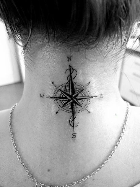 Minimalist wanderlust compass tattoo Compass Neck Tattoo, Cousin Tattoos, Small Sister Tattoos, Wanderlust Tattoo, Small Quote Tattoos, Neck Tattoos Women, Small Tattoos With Meaning, Small Tattoos Simple, Neck Tattoos