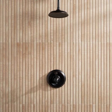 Sabine Metal Rounded Rectangle … curated on LTK Bamboo Tiles Wall, Wood Tile Design, Montgomery Ribbon Maple, Wood Accent Wall Bathroom, Slat Wall Tile, Wood Tile Shower Ideas, Kenridge Ribbon, Shower Tile Patterns, Large Tile Bathroom