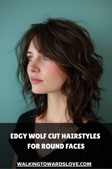 Edgy wolf cut hairstyle for a woman with a round face. Text reads, "Edgy Wolf Cut Hairstyles for Round Faces. walkingtowardslove.com". Wolf Haircut Medium Hair, Medium Length Wolf Cut No Bangs, Wolf Haircut Fine Hair, Style A Wolf Haircut, Wolf Cut Hair No Bangs, Wolf Cut For Round Face Shape, Wolf Cut With Long Bangs, Edgy Wolf Cut Hair, Wolf Cut Women Medium