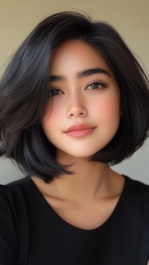 Give your thick hair a fresh start with a bob haircut that delivers volume control and style. Bobs provide a balanced look, enhancing natural body while keeping hair neat. From blunt cuts to wavy finishes, these haircuts are the perfect mix of modern flair and timeless appeal. Thick Asian Haircut, Becky G Short Hair, Filipina Short Hair, Asian Hair Bob, Bob Layer, Asian Bob Haircut, Haircut 2025, Asian Bob, Bob Cuts For Women