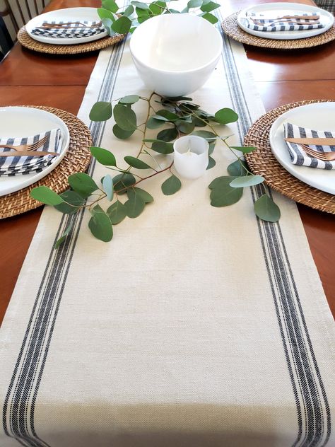 Flour Sack Table Runner, Simple Table Settings Everyday, Table Runner Farmhouse, Farmhouse Table Runner, Farmhouse Table Setting, Table Settings Everyday, Simple Table Settings, Rustic Table Runners, Modern Farmhouse Table