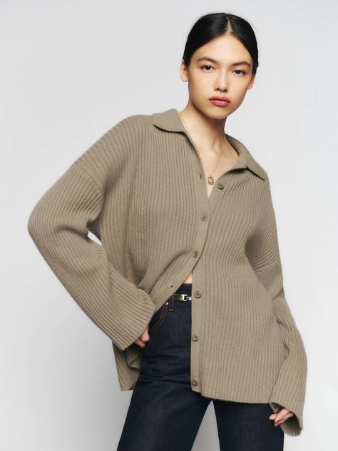 Collared Cardigan, The Reformation, Cool Girl Style, Cashmere Fabric, Capsule Outfits, Timeless Wardrobe Staples, Cashmere Blend Sweater, Collar Cardigan, Long Jeans