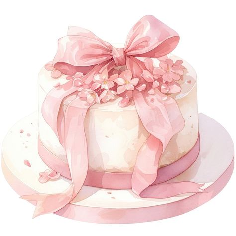 Pink Cake Aesthetic, Coquette Birthday Cake, Pink Birthday Background, Cake Aesthetic Birthday, Birthday Cake Dessert, Coquette Birthday, Balletcore Aesthetic, Coquette Art, Baby Watercolor