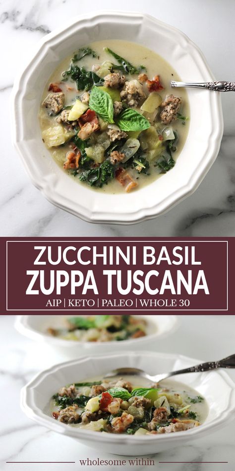 This Zucchini Basil Zuppa Toscana soup is rich and creamy, with unique ingredients including zucchini, fresh basil and my special blend of Italian sausage. It is just what you may be craving, especially if you follow an AIP, Keto, Paleo or Whole 30 lifestyle. Broth Soup Recipes, Healing Soups, Zucchini Sausage, Broth Soups, Bone Broth Soup Recipes, Aip Keto, Aip Meals, Bone Broth Soup, Broth Soup