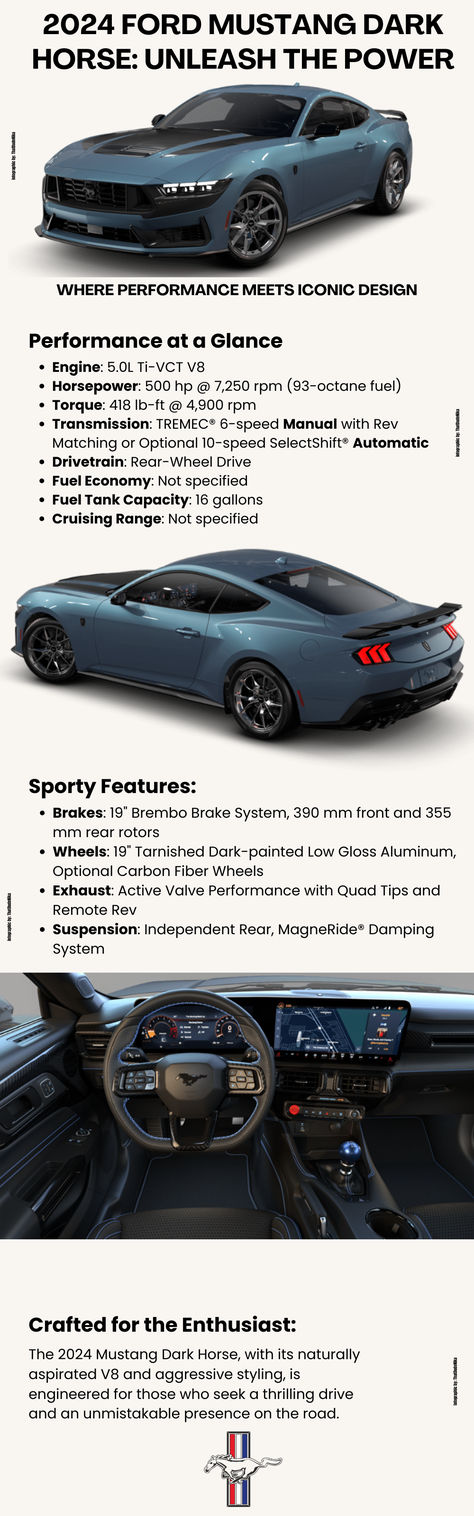 Infographic showcasing the 2024 Ford Mustang Dark Horse's specs and features including its 5.0L V8 engine, manual transmission, Brembo brakes, and sporty design details, tailored for car enthusiasts who crave power and speed. 2024 Ford Mustang Dark Horse, Dark Horse Mustang, Fort Mustang, Ford Mustang Dark Horse, 2024 Ford Mustang, Aggressive Design, Brembo Brakes, Black Mustang, For Mustang