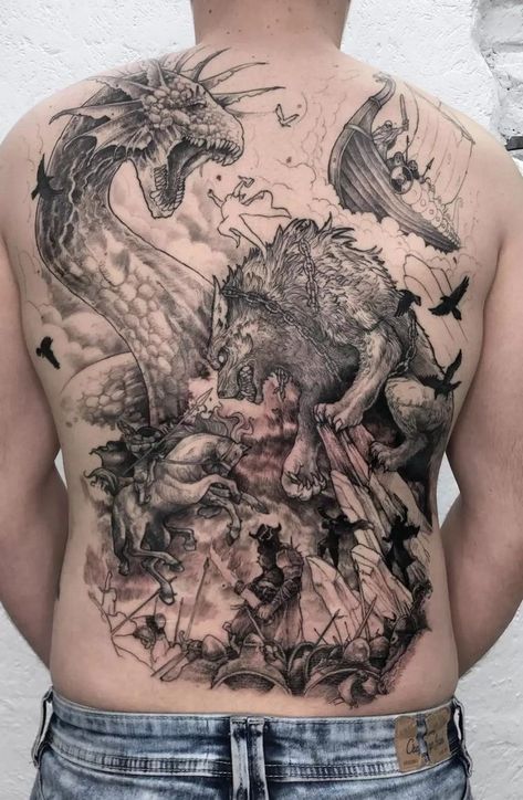 Nordic Tattoo Back, Ragnorak Tattoo, Loki Tattoo Norse Mythology, Ragnarok Tattoo, Ragnarok Norse, Jormungandr Tattoo, Logan Tattoo, Viking Ship Tattoo, Nordic Tattoos