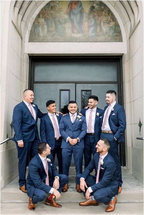 Navy Suit With Rose Gold Tie, Blush Pink And Navy Blue Wedding Groomsmen Suits, Blue Suit Pink Tie Wedding, Groomsmen Attire Dusty Rose, Dusty Rose Wedding Party Groomsmen, Dusty Rose Wedding Groomsmen, Spring Wedding Groomsmen Attire, Dusty Rose Groomsmen Attire, Groomens Attire