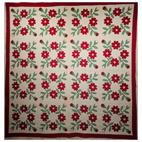 This beautiful American Applique Quilt was hand stitched in the late 1800s in Pennsylvania in the United States. The American Applique Quilt is in "Floral” pattern with red and pink flowers with green stems and leaves on a white field. The quilt was hand stitched of individual pieces in each frame. It is truly a labor of love and dedication. The hand stitched quilts from the 19th and the early 20th centuries have become extremely collectable. Because it is so delicate and so beautiful, it would Appalachian Quilts, Amish Quilts Traditional, Fall Quilts Autumn, Green And White Quilts, Americana Quilt, Define Art, Floral Quilts, Handwoven Tapestry, Red And White Quilts