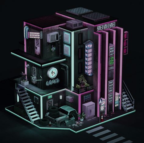 Cyberpunk House, Cyberpunk Apartment, Cyberpunk Building, San Myshuno, Minecraft House Plans, Rave Gear, Minecraft City, Sims 4 House Design, Sims 4 Build