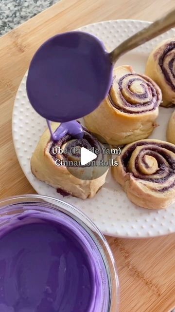 PrepYoSelf on Instagram: "T.G.I.F., Tastes Good, It’s Filipino! 🇵🇭💜. Today we are devouring these Ube Cinnamon Rolls. I love cinnamon rolls and love ube halaya (Filipino purple yam jam), so why not combine the best of both worlds. Ube halaya is a jam made from combining mashed purple yam with coconut milk, butter, and condensed milk. It pairs perfectly as the filling for this cinnamon roll. Here’s how to make it: Ingredients: 1 package of crescent dough sheet 1 cup of ube halaya (ube jam) 1/4 cup brown sugar (I used swerve sweetener alternative) 1 tbsp cinnamon 2 tbsp milk, ½ cup powdered sugar (I used swerve sweetener alternative) 1 tsp ube extract Instructions: Pre-heat the oven to 400F. Remove the crescent dough from the package and lay it out onto a sheet pan. Spread the ube halaya Ube Extract, Ube Jam, Ube Halaya, Crescent Dough Sheet, Purple Yam, Milk It, Crescent Dough, How To Make Jam, Asian Foods