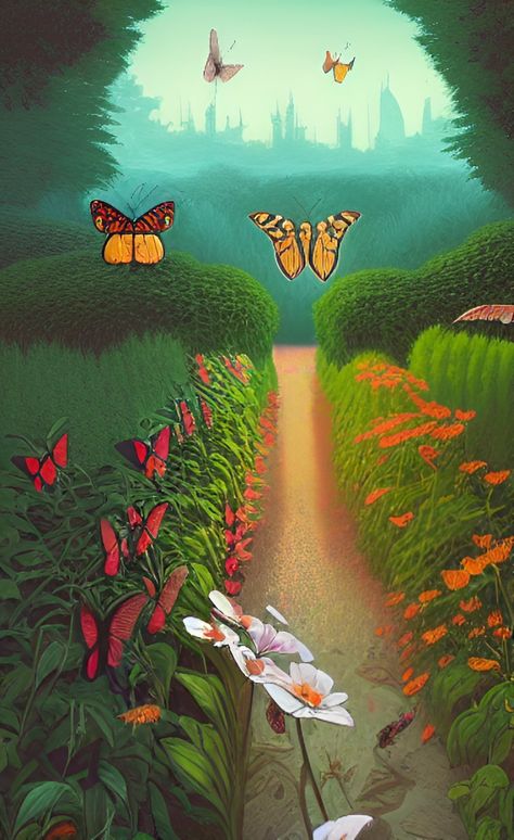 Garden With Butterflies Drawing, Butterfly Field Painting, Butterfly Garden Drawing, Butterfly Field, Flower Garden Drawing, Forest Drawing, Butterfly Background, Garden Drawing, Background Drawing