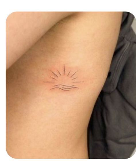 Dainty Sunrise Tattoo, Sunrise With Waves Tattoo, Sunset At Beach Tattoo, Minimalistic Arm Tattoos For Women, Sunset Ocean Tattoo Minimalist, Sun Ribcage Tattoo, Sun And Water Tattoo Simple, Sunrise Line Tattoo, Beachy Fine Line Tattoos