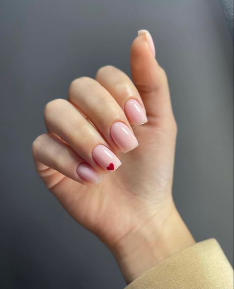 Simple Nude Valentines Nails, Nude Nails Red Heart, Short Square Heart Nails, Plain Nails With Heart, Nude Nails With Red Heart, Natural Nails With Heart, Valentine French Tip Nails, Simple Vday Nails, Nude Nails With Heart