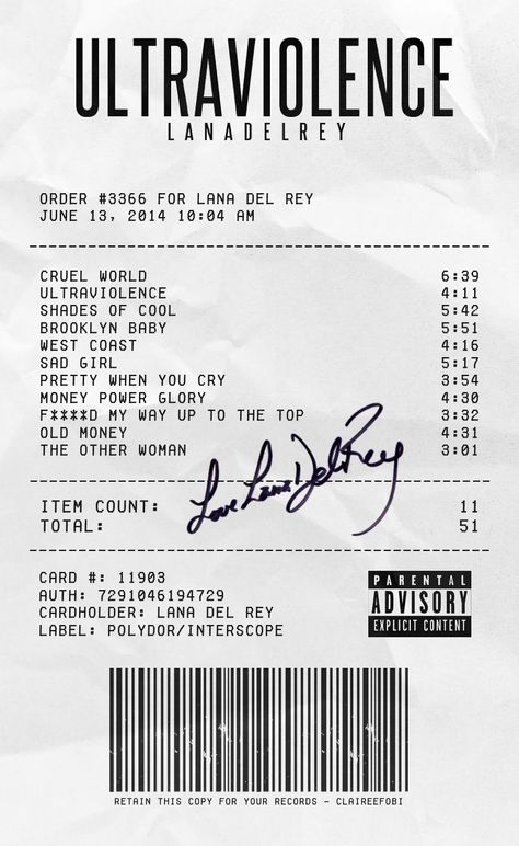 lana del rey, ultreaviolence, album receipt Receipt Lana Del Rey, Artist Receipt, Album Receipts, Album Receipt, Artist Posters, Photo Polaroid, Music Poster Ideas, Pretty When You Cry, Brooklyn Baby