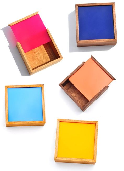 Desk Organizers Colored Plexiglass, Colorful Storage, Storage Idea, Color Chip, Handmade Box, Smart Living, Desk Organizers, Color Box, Wood Boxes