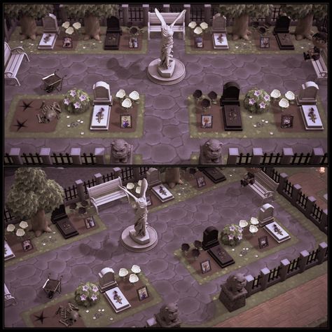 Acnh Graveyard Ideas, Haunted Animal Crossing Island, Goth Bedroom Animal Crossing, Gothic Acnh House, Acnh Goth Museum, Animal Crossing Trading Area, Acnh Goth Interior, Victorian Animal Crossing Island, Acnh Graveyard Designs