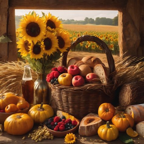 AI generated art with prompt Lammas aesthetic, Lughnasadh aesthetic, harvest, sunflowers, raspberries, bread, grain, beer, cornucopia, scythe, sickle, corn dollies, baskets, gratitude, gold, yellow, orange, copper, sun Cornucopia Aesthetic, Lughnasadh Aesthetic, Harvest Sunflowers, Corn Dollies, Corn Dolly, Orange Copper, Fall Images, Witchy Things, Yellow Orange