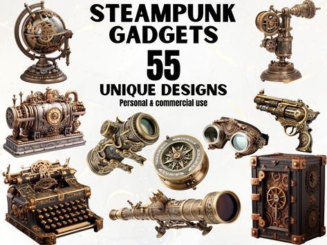 Cool steampunk gadgets featuring vintage technology in digital art drawing print style. Scrapbooking, Junk Journals and other projects. Steampunk Clipart, Steampunk Images, Steampunk Tattoo, Steampunk Gadgets, Vintage Technology, Fantasy Wardrobe, Concept Ships, Art Fantasy, Steampunk Art