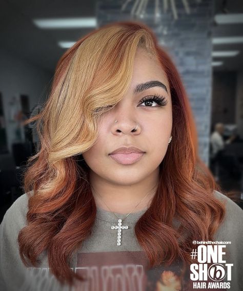 Copper And Blonde Color Blocking, Keyshia Cole Red And Blonde Hair, Orange Hair Colors, Blonde And Copper Hair, Copper With Blonde Highlights, Copper Hair With Blonde Highlights, Copper And Blonde Hair, Blonde And Red Highlights, Color Blocking Hair