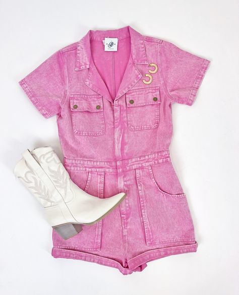 Love a washed denim 💗 Tap to shop our new PINK WASHED romper!! #romper #denim #pinkromper #spring #boots