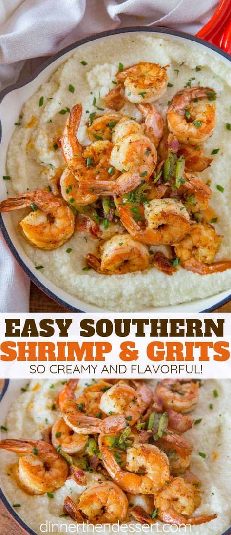 Shrimp and Grits is a classic southern dish with a delicious and easy grits recipe topped with a creole shrimp and bacon mixture in just 45 minutes. #shrimp #southern #grits #creamy #spicy #dinnerthendessert Grits And Shrimp Recipes Easy, Shrimp With Grits, Shrimp And Grits With Corn, Shrimp And Grits With Bacon, Creamy Shrimp And Grits Recipe Southern, Shrimp And Grits Breakfast, Breakfast With Shrimp, Shrimp And Grits No Bacon, Shrimp Grits Recipe Easy