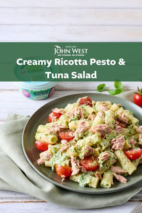 INGREDIENTS ½ John West No Drain Fridge Pot Tuna Steak in Spring Water Small handful broccoli florets 80-100g rigatoni or penne pasta 2 heaped tbs ricotta cheese 1 heaped tbs fresh pesto (or use pesto from a jar) 1 tsp grated fresh parmesan cheese 5 cherry tomatoes, halved TO SERVE: Extra basil leaves, to garnish Vegan Tuna Pasta, Tuna Pesto Salad, Tuna Pasta Recipes, Pesto Tuna Sandwich, Tuna Pesto Pasta Recipes, Tuna Peas Pasta, Ricotta Pesto, Mini Food Processor, Tuna Steak