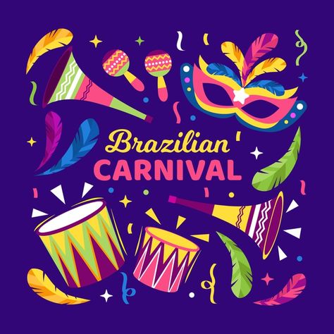 Carnaval brasileño plano vector gratuito | Free Vector #Freepik #freevector #fondo #fiesta #diseno #papel-pintado Aari Drawing, School Spirit Posters, Carnival Poster, Carnival Background, Carnival Dancers, Brazilian Carnival, Brazil Carnival, Carnival Posters, Restaurant Party