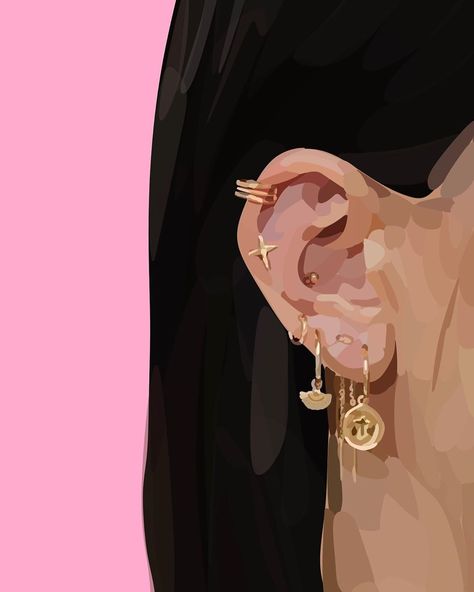 Piercing Wallpaper, Piercings Drawing, Ear Piercing Drawing, Earring Instagram Feed, Piercing Illustration, Ear Piercing Clipart, Ear Illustration, Ear Painting Acrylic, Ear Drawing