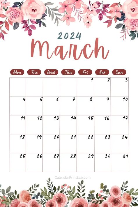 Floral March 2024 Calendar Printable Monthly Calender Aesthetic, March 2024 Wedding, March Aesthetic Calendar, Calendar March 2024, March 2024 Calendar Aesthetic, March 2024 Calendar Printable, Calander 2024 Design Printable, Calendar 2024 Aesthetic, March Calendar 2024