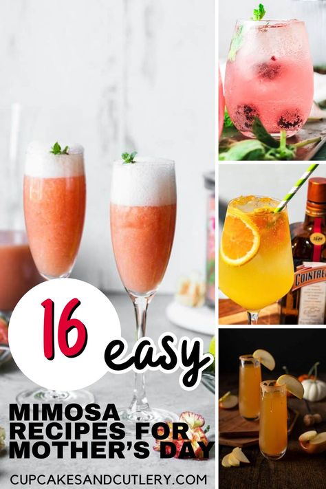 These 16 Mimosa recipes are the perfect way to celebrate Mother's Day! Each of these drinks is made with champagne and other fruity concoctions to enjoy from brunch or breakfast. They look elegant and would be fantastic if you host a Mother's Day brunch or get-together. Make mom feel extra special with these morning cocktails. Mothers Day Mimosas, Mothers Day Cocktails, Morning Cocktails, Mimosa Recipes, Easy Mixed Drinks, Morning Cocktail, Best Mixed Drinks, Easy Alcoholic Drinks, Mimosa Recipe