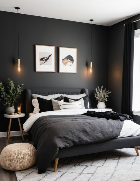 Black Bedroom With Accent Color, Bedroom Dark Grey Accent Wall, Black And White Spare Room, Dark Grey Walls Bedroom Decor, Charcoal Gray Bedroom Ideas, Slate Grey Bedroom Ideas, Charcoal Master Bedrooms Decor, Black Gray Bedroom Ideas, Dark Gray Bedframe Bedroom Ideas