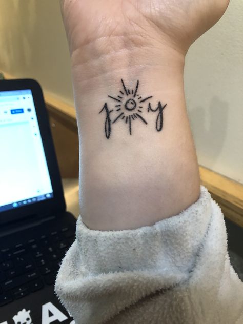 Joy Comes In The Morning Tattoo, Choose Joy Tattoo, Joy Tattoo Ideas, Joy Tattoo, Sunshine Tattoo, Happiness Tattoo, Word Joy, Indian Tattoo, Music Items