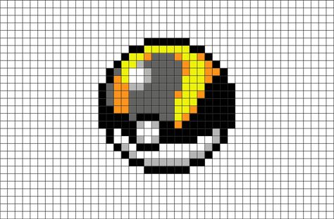 The Ultra Ball is the second most powerful Pokeball in Pokemon Go. It is more expensive and more difficult to acquire than the Pokeball and Great Ball. However, the Ultra Ball is much more effective at capturing wild Pokemon than the lower Tiered Pokeballs. Retro Games Pixel, Pichu Pokemon, Ultra Ball, Image Pixel Art, Pokemon Cross Stitch Patterns, Pixel Pokemon, Art Pokémon, Pokemon Pixel Art, Pokemon Cross Stitch