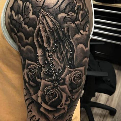 75 Hand Praying Tattoo Designs for Men | Improb Praying Tattoo, Hand Praying, Prayer Hands Tattoo, Religious Tattoo Sleeves, Traditional Chicano Tattoos, Praying Hands Tattoo Design, Chicanas Tattoo, Praying Hands Tattoo, Left Arm Tattoos