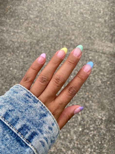 Easter Pastel French Tip Nails, Spring Tips Nails, Colorful Nails Acrylic Almond, Rainbow Pastel French Tip Nails, Pastel French Nails Almond, Short Almond Rainbow Nails, Almond Nails Colorful Tips, Pastel Rainbow Tip Nails, Pastel Nail Almond