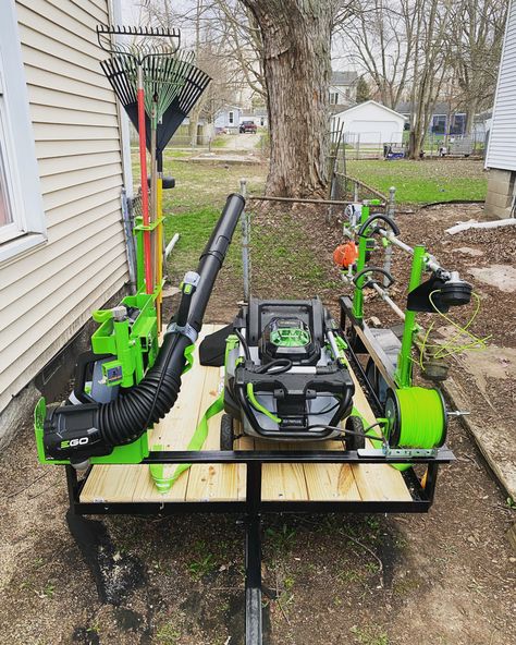 This is a photo of the trailer setup for Green Machines Lawn Care. Lawncare Trailer Ideas, Lawn Care Trailer Setup Diy, Landscaping Trailer Setup, Landscape Trailer Ideas, Lawn Care Trailer Setup, Landscaping Trailer, Lawn Trailer, Landscape Trailers, Lawn Mower Trailer