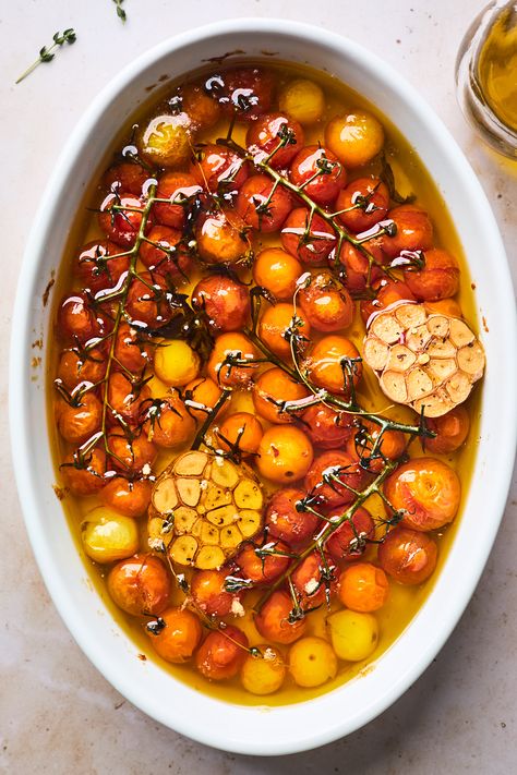 Cherry Tomato Confit | Olive & Mango Confit Cherry Tomatoes, Cherry Tomato Confit Recipe, Tomatoes Confit, Cherry Tomato Confit, Tomatoes In Olive Oil, Tomato Confit, Confit Recipes, Garlic Confit, Tomatoes Recipes