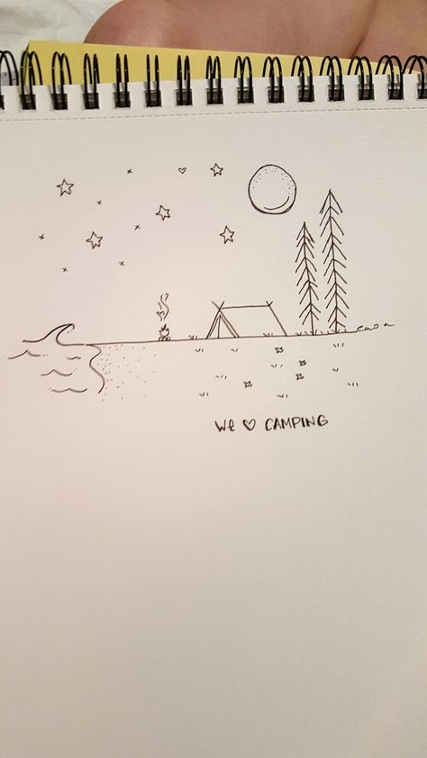 Watercolor Tent Camping, Camping Cartoon Drawings, Tent Camping Drawing, Lake Drawings Easy, Island Drawing Simple, Tent Doodle, Adventure Doodles, Outdoor Doodles, Camping Drawings