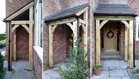 Corner Porch, traditional Oak Frame construction with tiled roof, guttering and downpipe "Thanks for creating a very beautiful porch for me. The great shame is that I have to keep going outside to admire it and the weather is so very cold! I really appreciate the professionalism shown by you and Martin in constructing this and Corner Porch Ideas, Roof Tiles House, Corner Porch, Porch Oak, Door Canopy Porch, Tiles House, Front Porch Pergola, House Entrance Doors, Timber Frame Porch