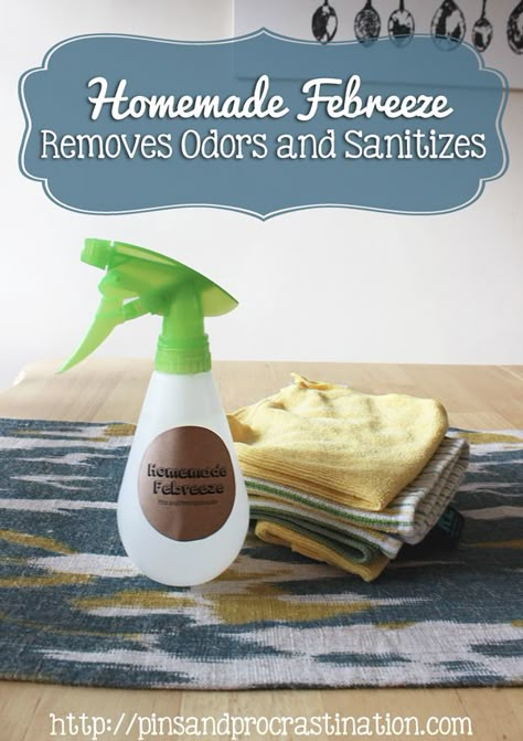 Homemade Febreeze: Removes Odor and Sanitizes 1.5 cups warm water 1/2 cup witch hazel 2 tablespoons baking soda 10-30 drops of anti-bacterial essential oils Directions: In a clean empty spray bottle, mix all ingredients together. A funnel makes this easier. Shake before use, and spray wherever you find an icky smell (without any guilt!) Natural Odor Eliminator Spray, Essential Oil Odor Eliminator Sprays, Diy Odor Eliminator Spray, Homemade Febreeze, Homemade Febreze, Antibacterial Essential Oils, Deodorizing Spray, Clean Baking Pans, Homemade Cleaning