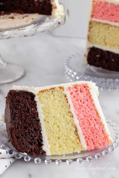 Make this easy 3-layer traditional Neapolitan cake for the ultimate dessert! It's frosted with a homemade cream cheese frosting that is to die for. Neopolitan Cake, Chantilly Cake Recipe, Neapolitan Cake, Moist Vanilla Cake, Rich Cake, Strawberry Cake Mix, Spaceships And Laser Beams, Vanilla Cake Mixes, Cute Cake