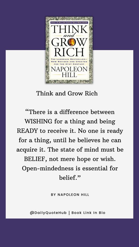 "Think and Grow Rich" by Napoleon Hill outlines principles for achieving personal and financial success. Key concepts include desire, faith, persistence, and the power of the mastermind.  #ThinkAndGrowRich #NapoleonHill #Success #PersonalDevelopment #FinancialFreedom #Desire #Faith #Persistence #Mastermind Think And Grow Rich Quotes, Think And Grow Rich Book, Quote From Book, 5am Morning, Rich Quotes, Napoleon Hill Quotes, Wisdom Books, Think And Grow Rich, Napoleon Hill