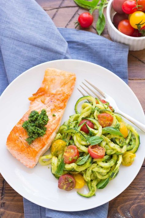 This simple and healthy Kale Pesto Zucchini Noodles and Salmon dinner is ready in just 30 minutes! This zoodles recipe is one of our favorites! kristineskitchenblog.com Cooking Zoodles, Zoodles Recipe, Pesto Zucchini, Pesto Zucchini Noodles, Best Zucchini Recipes, Canned Salmon, Zoodle Recipes, Kale Pesto, Zucchini Recipe