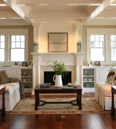 Wall with built-in bookcases under windows on either side of fireplace - from Asher Associates Architects, via Houzz Craftsman Style Living Room, Craftsman Style Fireplace, Beach Style Living Room, Craftsman Living Room, Fireplace Windows, Craftsman Fireplace, Traditional Family Room, Living Room Plan, Room Fireplace