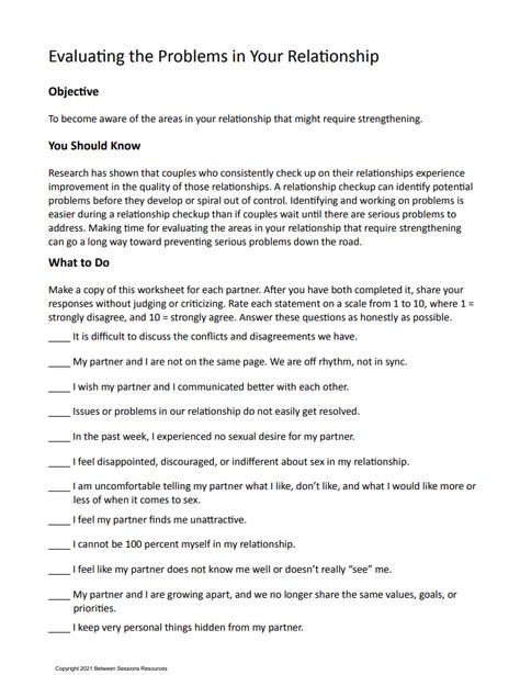 This worksheet encourages couples to identify problems they are experiencing in their relationship to start communicating about them. 5 pages. How To Discuss Relationship Problems, Relationship Values Worksheet, Relationship Worksheets Free Printable, Couples Therapy Worksheets Communication, Relationship Repair Worksheets, Relationship Agreement, Couples Therapy Worksheets, Relationship Repair, Domestic Partnership