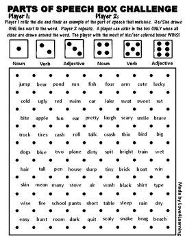 Parts of Speech Box Challenge Activity Parts Of Speech Activities Middle School, Parts Of Speech Games Middle School, Parts Of Speech Project Ideas, Blank Board Game, Speech Box, Parts Of Speech Games, Middle School Bulletin Boards, Verbs And Adjectives, Speech Games