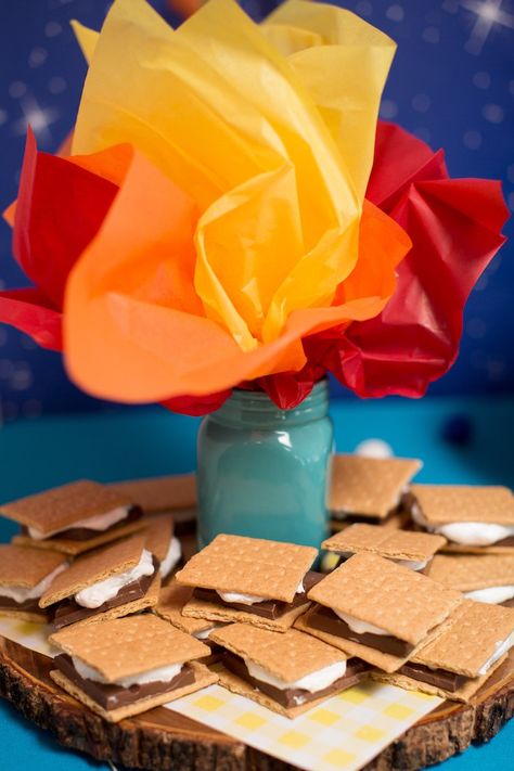 Campfire Theme Party Decorations, Camp Fire Decorations, Diy Camping Birthday Decorations, Campfire Theme Birthday Party, S’mores Birthday Party Decorations, S’mores Party Decorations, Flame Themed Party, Diy Campfire Prop, S’mores Birthday Party Ideas